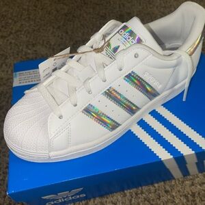Kids Adidas White Sneakers with Iridescent Stripes
